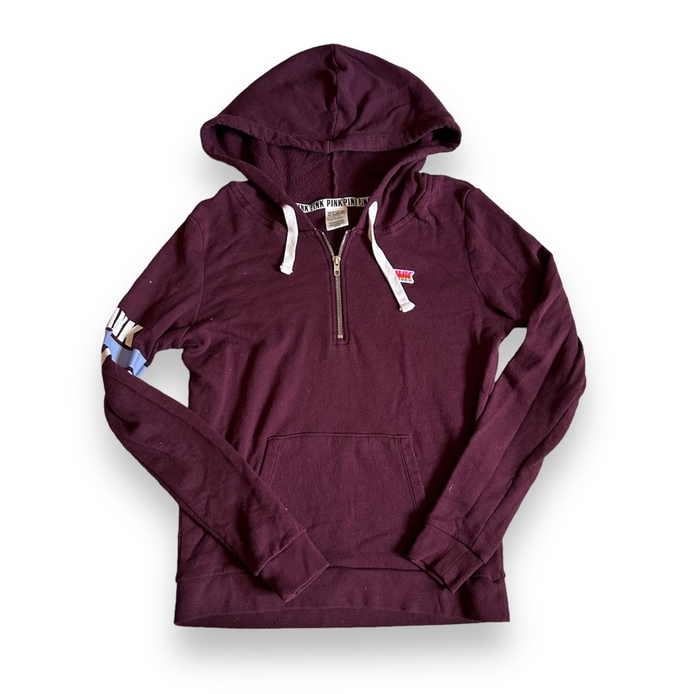 [PINK] Maroon Hooded Quarter Zip Pullover